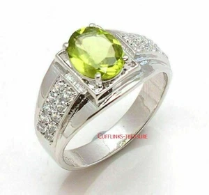 Natural Peridot & CZ Gemstones With 925 Sterling Silver Ring For Men's  - Picture 1 of 3