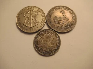 THREE South Africa Silver Coins, 1948 & 1960 5 shilling + 1940 2 1/2 shilling - Picture 1 of 7