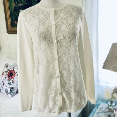 Свитер Victor Costa Occasion XSmall из бусин цвета слоновой кости с блестками прозрачный кружевной вязаный кардиган - Изображение 1 из 4