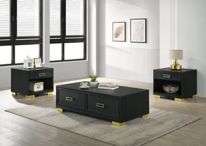 3pc Cocktail Set Storage Drawers Open Shelf Black Gold Finish Living Room - Picture 1 of 6