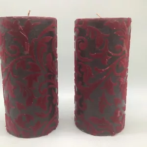 Hobby Lobby 6” x 3” Burgundy Felt Trim Ornate Pillar Candle Set Of 2 - Picture 1 of 8