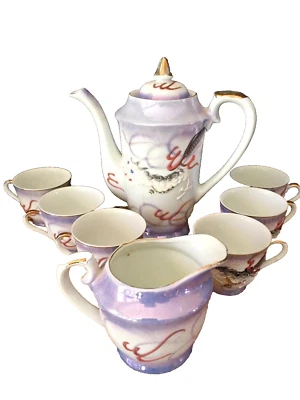 SATSUMA DRAGON WARE 8 PIECE TEA SET W/ CREAMER HAND PAINTED HOLOGRAM FACES - Image 1 of 4