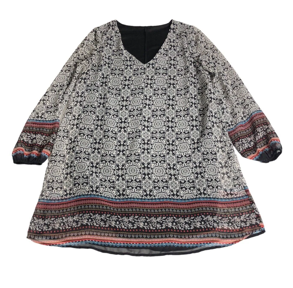 复古 Y2K 90 年代 Charlotte Russe 连衣裙 M 几何花卉迷你换档束腰外衣波西米亚 — 第 1/4 张图片