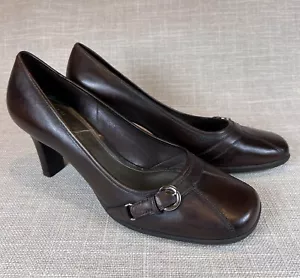 Alex Marie Square Toe Brown Leather Heels Pumps Size 8.5M Buckle Detail Office - Picture 1 of 8