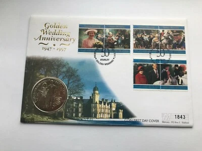 1997 FALKLAND ISLANDS GOLDEN WEDDING ANNIVERSARY FIVE 5 POUNDS FDC - Image 1 of 4