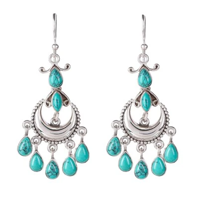 925 Sterling Silver Turquoise Chandelier Earrings hallmark FU-254 - Image 1 of 4