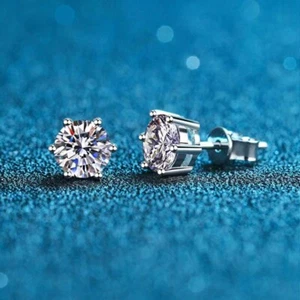 4Ct Moissanite 6P Stud Earrings 14K White Gold Plated 925 Silver - Picture 1 of 4