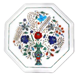 18" Marble Corner Table Top Handmade Semi precious stones floral Work - Picture 1 of 2