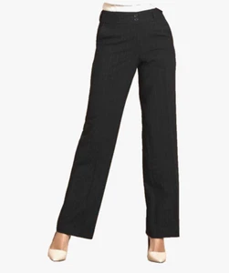 Womens Trousers UK 10 Navy Blue Duo Stripe Straight Leg Unhemmed Casual Office - Picture 1 of 5