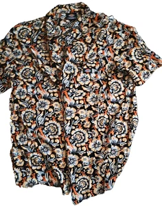 Dickies Hawaiian Shirt Mens 2XL Black Orange Floral Print Short Sleeve Button Up - Picture 1 of 5
