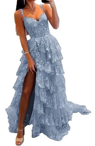 Langes Damenkleid blau Pailletten glitzernd abgestuft Spitze Tüll Heimkehr Tanz 4 neu mit Etikett - Bild 1 von 21