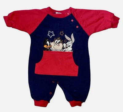 Mameluco/mono vintage 1999 Baby Looney Tunes 9 M Bugs Bunny Taz Pato Lucas Foto 1 de 4