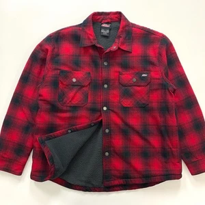 Dickie's Fleece-Lined Shacket Mens XL Red Buffalo Plaid Snap Front Shirt Jacket - Picture 1 of 13