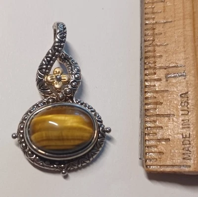 Barbara Bixby Tiger Eye Sterling Pendant 18K Gold Cross Insert - Image 1 of 3