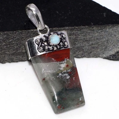 Colgante Larimar Piedra de Sangre Africana Chapado en Plata 925 2" GW Foto 1 de 3