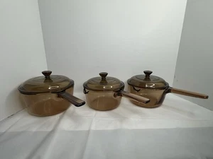 Vision Ware Cookware (2) 1L & 1.5 Liter Pans 6 Piece Set Amber Glass W/Lid USA - Picture 1 of 24