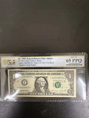 1995 $1 Dollar Fancy Super Repeater, Bianary , PCGS 65 UNC,  F88558855U ,  (#10) - Image 1 of 3