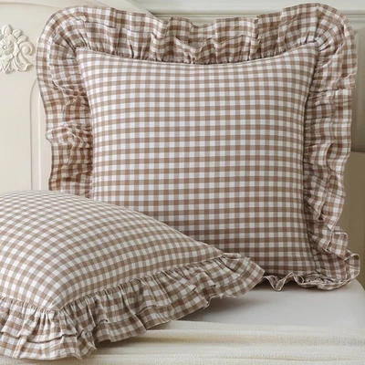 2 Pack Taupe White Plaid Ruffle Throw Pillow Covers, 100% Cotton Gingham Chec... - Image 1 of 4