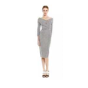 Lela Rose gingham black & white checkered off-the-shoulder midi dress size 10 - Picture 1 of 17