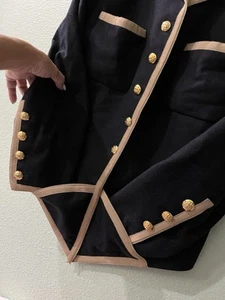 CHANEL 12 CC LOGO STAMPED CHANEL BUTTON BEIGE GROSGRAIN TRIM BLACK WOOL JACKET - Picture 1 of 24