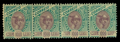 BRAZIL 1894 Hermes head  1000reis green & violet  Scott 122  mint MNH strip of 4 - Image 1 of 2