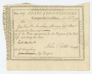 1795 Oficina del Contralor del Estado de Connecticut JOHN PORTER Documento Firmado - Imagen 1 de 3