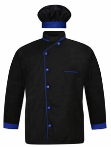 Men's Black Chef Coat Blue Piping Chef Jacket/Chef Coat with Cap - Picture 1 of 7