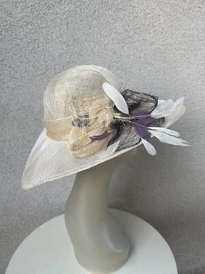 Vintage Large Brim Hat Tan Straw Sinaway Bow Feathers 20” - Image 1 of 4