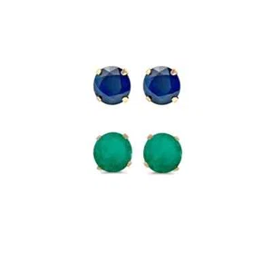 18k Yellow Gold Plated 1/2Ct Created Blue And Green CZ 2 Pair Round Earrings - Picture 1 of 2