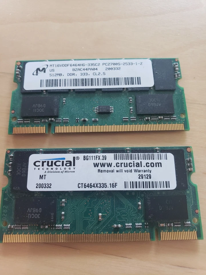 Total 1024 MB - Crucial PC2700 512 MB SO-DIMM 333 MHz DDR SDRAM (CT6464X335) - Image 1 of 1