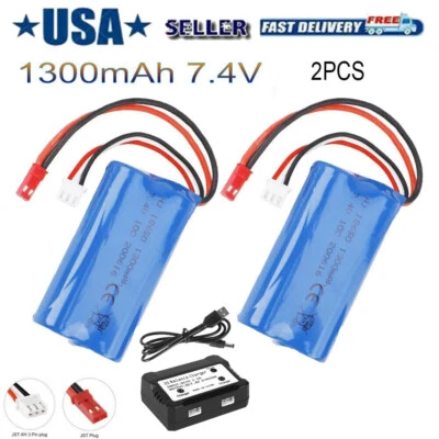 2Pcs 1300mAh 7.4V Battery 10C JST Plug w/ USB Charger for RC Car Off Road Truck - Image 1 of 4