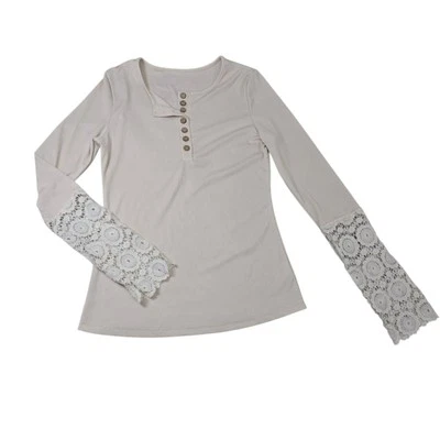 Women's Long Sleeve Ribbed Henley Shirt Top Retro Cream Sheer Lace Cuffs Size S - Image 1 of 4