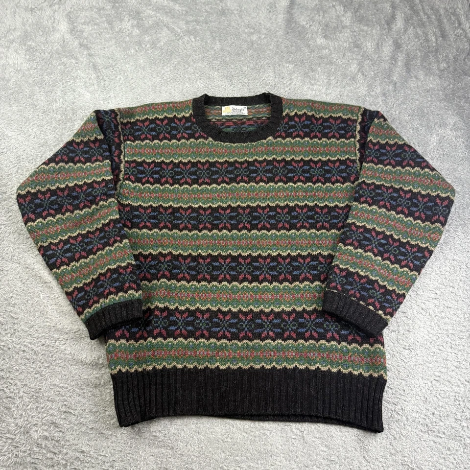 Vintage Pringle of Scotland Sweater Men Medium Black Fair Isle Shetland Wool 90s - Image 1 of 4