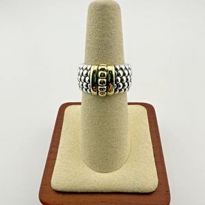 Lagos Sterling Silver 18K Yellow Gold High Bar Caviar Wide Band Ring - Picture 1 of 12