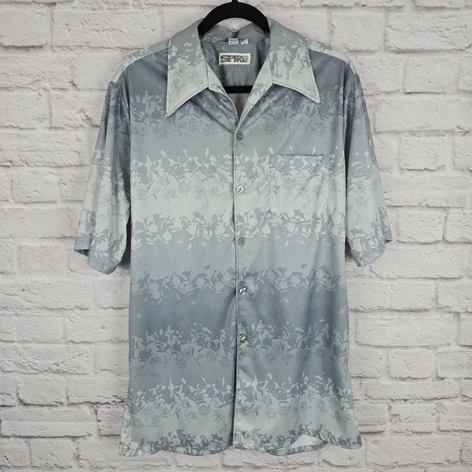 复古 Spire California 男式高 L 迪斯科蓝色灰色花卉纹理聚酯纤维 — 第 1/4 张图片