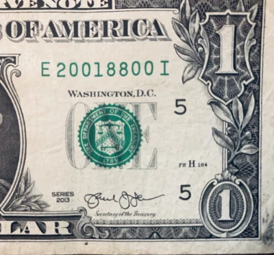 2001 Aug 8: Birthday Note One Dollar Bill 2013  E 2001-8-8-00 I - Image 1 of 3