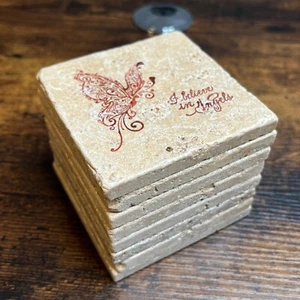 Set Of 8 Coasters Travertine Natural Stone "I Believe In Angels" Butterfly - Picture 1 of 9