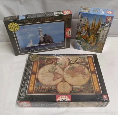 Lot of 3-EDUCA Jigsaw Puzzles-1000/500 Pc-Orbis Terrarum Nova-Fastnet Lighthouse - Image 1 of 4