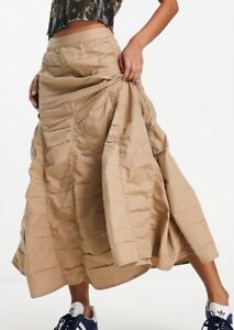 COLLUSION | NEW Cotton Ruched Tiered Midi Skirt In Stone - Size 10
