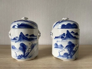 2 Asian Porcelain Vessels Tea Ginger Blue White Hand-painted China Japan - Picture 1 of 12