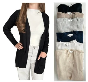 Ladies Marks Longline Ribbed Cardigan Open Edge To Edge Knitted Pocket Black NEW - Picture 1 of 13