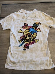 Vintage Ed Hardy Christian Audigier All Over Print Polo Shirt XL Death Or Glory - Picture 1 of 9