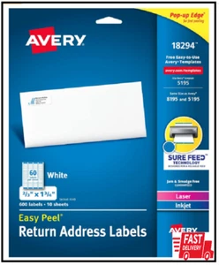 Avery Return Address Labels, Laser/Inkjet, 2/3 x 1-3/4-Inches, White (18294) - Picture 1 of 3