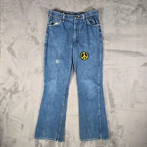 Vintage 1970s Mens Wrangler Talon Zipper Peace Sign Patch Hippie Jeans (32x30) - Picture 1 of 14