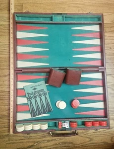 Vintage Backgammon Travel Board Game Set Burgandy Leather Case 23" X 17" - Picture 1 of 5