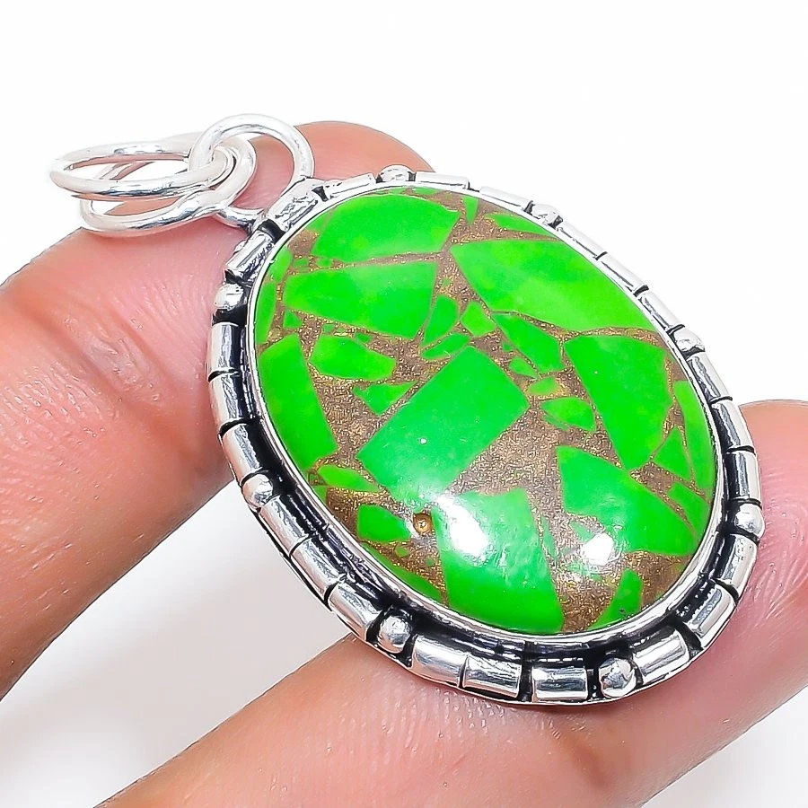 Colgante de joyería de plata de ley 925 con piedras preciosas turquesa verde cobre 1,97" W996 Foto 1 de 1