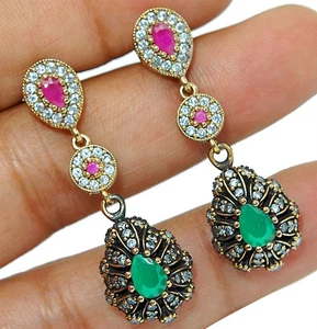 Ohrringe Osmanisches Empire Stil 6 kt behandelter Smaragd 925 Sterlingsilber S3-1 - Bild 1 von 2