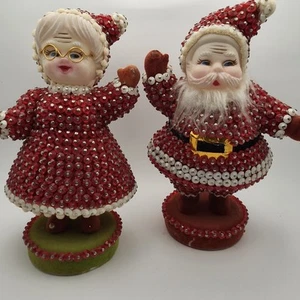 Vintage beflockte Pailletten Perlen Weihnachtsmann & Frau Claus Handarbeit Weihnachtsdeko - Bild 1 von 11