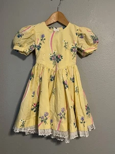 Vintage Girls Dress Puff Sleeve Yellow Floral Lace Ruffle Spring Cottagecore 80s - Picture 1 of 6