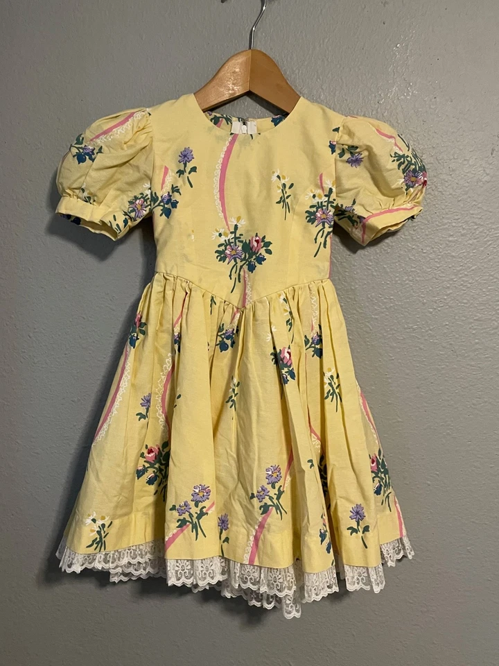 Vestido Vintage Niñas Manga Abullonada Amarillo Floral Encaje Volantes Primavera Cottagecore Años 80 Foto 1 de 4